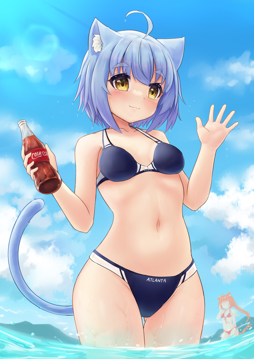 2girls absurdres ahoge animal_ear_fluff animal_ears atlanta_(warship_girls_r) bikini blue_bikini blue_hair blue_sky bottle breasts cat_ears cat_tail cloud day highres holding holding_bottle juneau_(warship_girls_r) multiple_girls navel outdoors short_hair sky small_breasts solo_focus standing swimsuit tail wading warship_girls_r william.b yellow_eyes