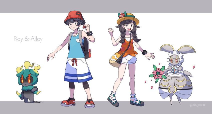 1boy bag banned_artist black_hair blue_shirt bracelet braid character_name clenched_hand closed_mouth commentary_request elio_(pokemon) female flower hand_up hat hat_flower highres holding holding_poke_ball jewelry leggings magearna marshadow nin_(female) orange_shirt poke_ball poke_ball_(basic) pokemon pokemon_(creature) pokemon_(game) pokemon_usum red_footwear red_headwear selene_(pokemon) shirt shoes short_hair shorts shoulder_bag sleeveless sleeveless_shirt smile standing twin_braids white_shorts z-ring