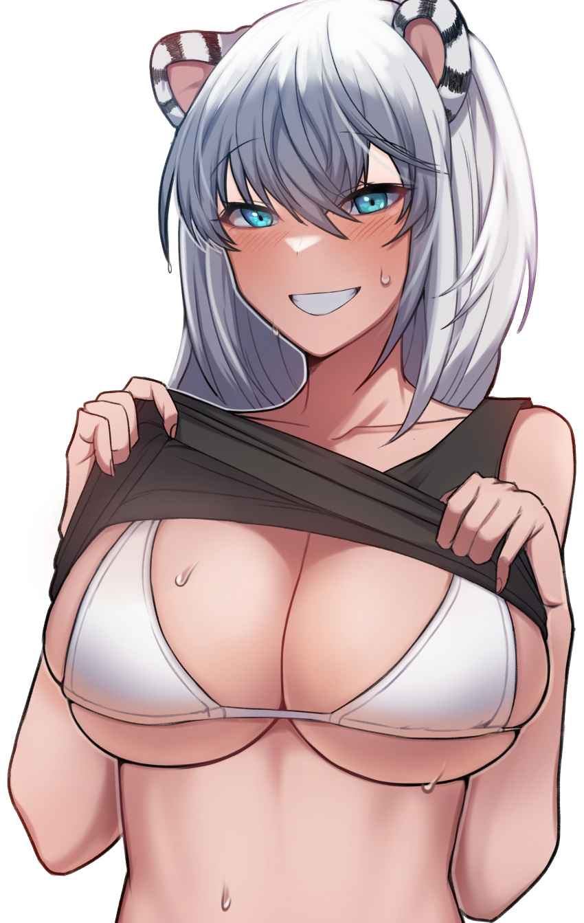 absurdres animal_ears bikini bikini_under_clothes black_tank_top blue_eyes blush breasts catch_(tkjv4228) cleavage clothes_lift collarbone female fingernails grin hair_between_eyes hands_up highres hoyoung_(maplestory) korean_commentary large_breasts lifting_own_clothes looking_at_viewer maplestory medium_hair midriff shirt_lift simple_background skindentation smile solo sweat swimsuit tank_top teeth tiger_ears tiger_girl underboob upper_body white_background white_bikini white_hair