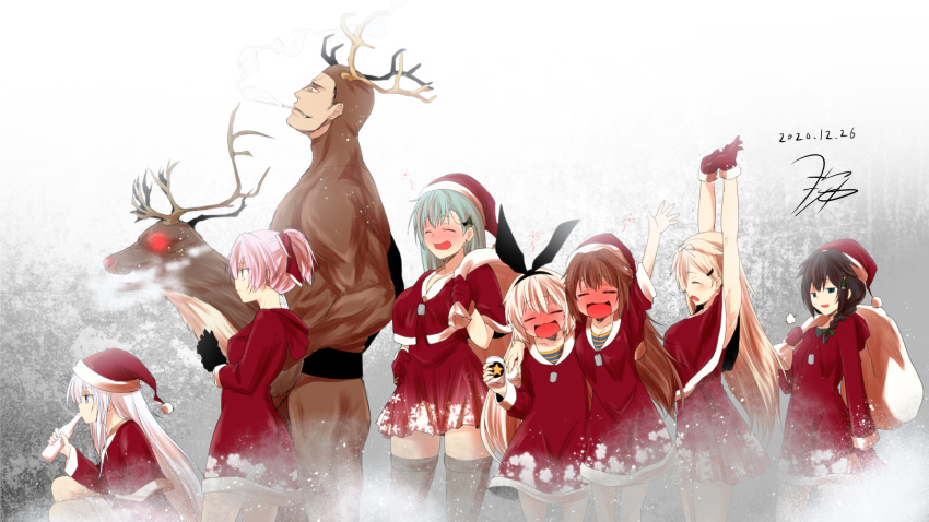 1boy 6+girls admiral_(kancolle) animal_costume antlers black_ribbon blonde_hair blush bottle braid brown_hair christmas cigarette closed_eyes commentary_request dated drunk gloves green_hair grey_hair hair_between_eyes hair_flaps hair_ribbon hat hibiki_(kancolle) highres holding holding_bottle horns kamio_reiji_(yua) kantai_collection kuma_(kancolle) long_hair long_sleeves multiple_girls open_mouth pink_hair ponytail red_gloves reindeer_antlers reindeer_costume ribbon sack santa_costume santa_hat shigure_(kancolle) shimakaze_(kancolle) shiranui_(kancolle) short_hair signature single_braid smile smoking suzuya_(kancolle) verniy_(kancolle) yua_(checkmate) yuudachi_(kancolle) yuudachi_kai_ni_(kancolle)