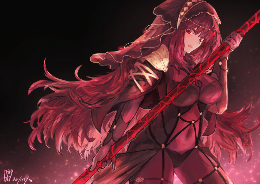 absurdres armor bodysuit breasts covered_navel fate/grand_order fate_(series) female gae_bolg_(fate) hair_between_eyes highres large_breasts long_hair looking_at_viewer ootato open_mouth pauldrons polearm purple_bodysuit purple_hair red_eyes scathach_(fate) shoulder_armor solo spear thighs veil weapon