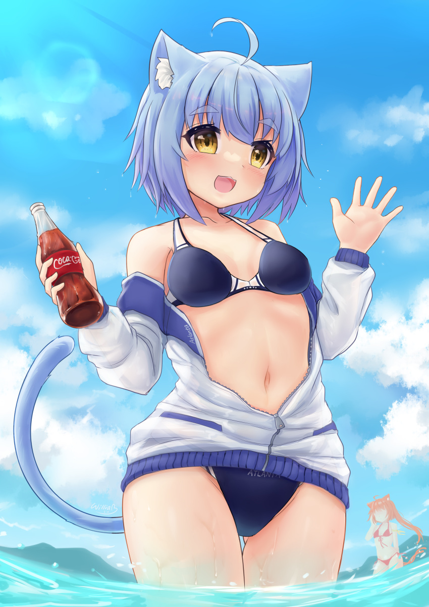 2girls absurdres ahoge animal_ear_fluff animal_ears atlanta_(warship_girls_r) bikini blue_bikini blue_hair blue_sky bottle breasts cat_ears cat_tail cloud day highres holding holding_bottle juneau_(warship_girls_r) multiple_girls navel outdoors short_hair sky small_breasts solo_focus standing swimsuit tail wading warship_girls_r william.b yellow_eyes