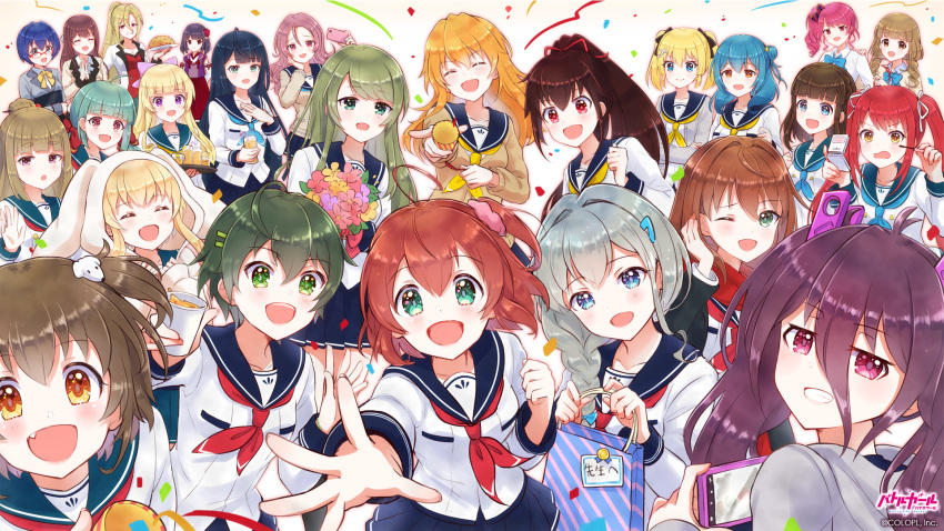 6+girls :d ahoge amano_nozomi ameya_erika asahina_kokomi battle_girl_high_school blonde_hair blue_eyes blush breasts brown_hair character_request copyright_name copyright_notice everyone forte_(symbol) fujimiya_sakura green_eyes hair_ornament hasumi_urara highres himukai_yuri hoshitsuki_miki kamine_botan kougami_kanon kunieda_shiho kusunoki_asuha long_hair looking_at_viewer medium_breasts minami_hinata misaki_(battle_girl_high_school) mitsurugi_furan multiple_girls musical_note musical_note_hair_ornament nanashima_aoi narumi_haruka official_art official_wallpaper open_mouth red_eyes sadone school_uniform sendouin_kaede serizawa_renge short_hair smile tokiwa_kurumi tsubuzaki_anko twintails wakaba_subaru watagi_michelle watermark yakumo_itsuki