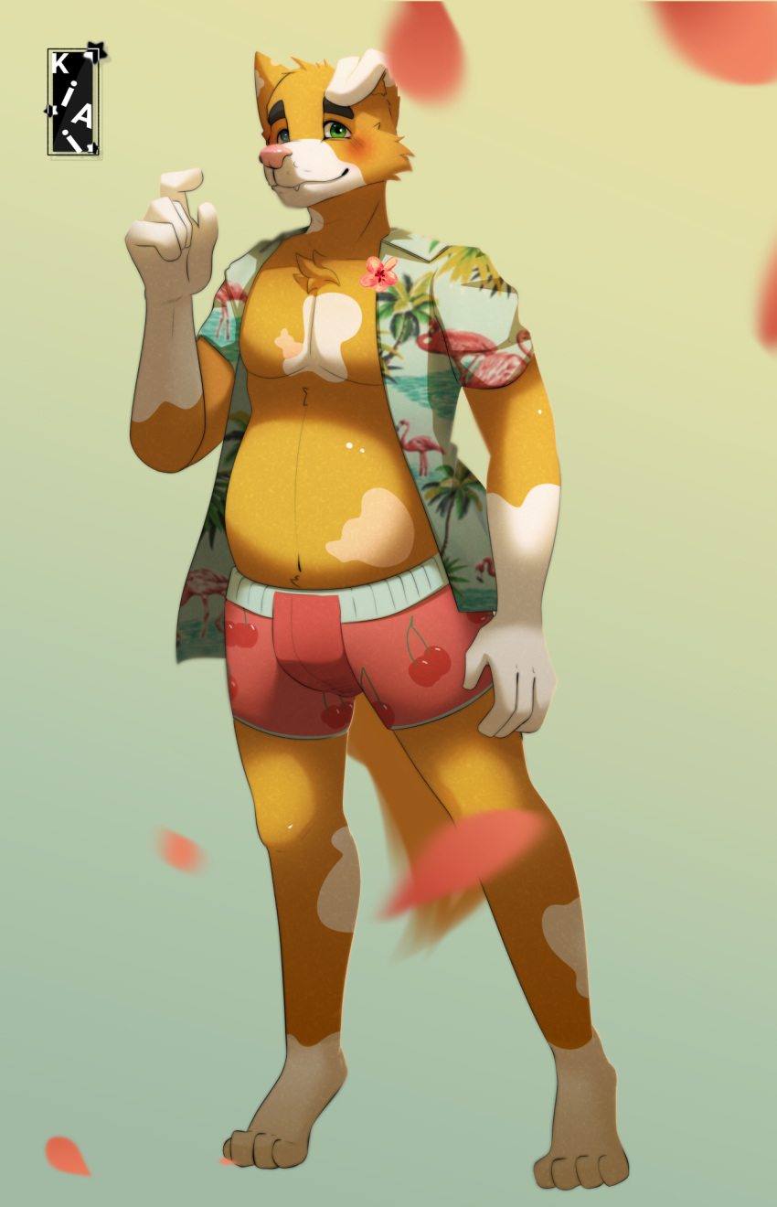 anthro canid canine canis clothing dante_mutt_(character) domestic_dog exposed_belly falling_petals floppy_ears fur heterochromia hi_res kiai male mammal pattern_clothing paws slight_bulge slightly_chubby solo swimwear