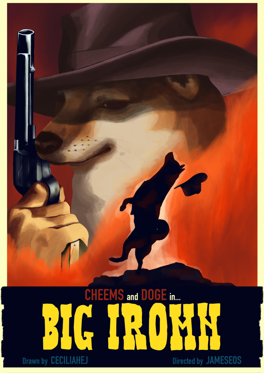 2020 absurd_res canid canine canis ceciliahej cheems clothing cowboy_hat doge dogelore domestic_dog duo english_text feral gun handgun hat headgear headwear hi_res humor male mammal meme nude outside parody poster ranged_weapon revolver shiba_inu spitz text translated weapon wild_west