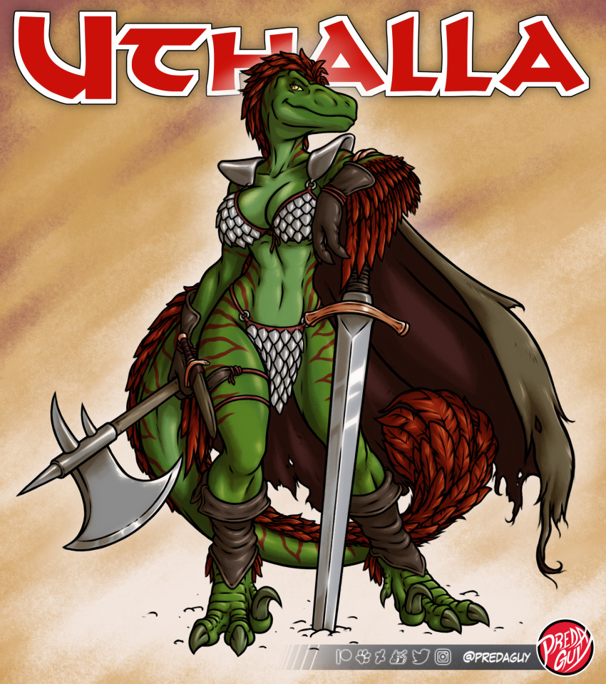 anthro anthrosaurs armor axe battle_axe bikini_armor claymore cosplay dinosaur dromaeosaurid extinct feathered_dinosaur feathered_scalie feathers female hi_res predaguy prehistoric_species red_sonja reptile scalemail_bikini scalie solo theropod two_handed_sword unconvincing_armor uthalla velociraptor