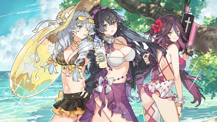 3girls :d :o alternate_eye_color ass back beach benghuai_xueyuan bikini black_hair black_jacket blue_sky bow breasts brown_bikini cleavage cloud cloudy_sky crazy_straw cup drill_hair drinking drinking_straw earrings eyewear_on_head frilled_bikini frilled_skirt frills hairbow hat highres holding holding_cup honkai_(series) houraiji_kyuushou innertube jacket jewelry kiana_kaslana long_sleeves looking_at_viewer milkshake multiple_girls official_art one_eye_closed open_mouth outdoors pink_bikini ponytail purple_eyes purple_hair raiden_mei skirt sky smile straw_hat sunglasses swim_ring swimsuit third-party_source tree twin_drills water water_gun white_bikini white_hair yellow_eyes