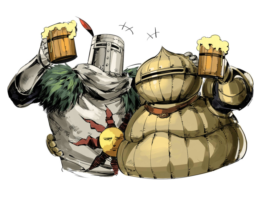 +++ 2boys alcohol arm_around_shoulder armor beer beer_mug breastplate chinese_commentary commentary_request cup dark_souls_(series) dark_souls_i facing_viewer full_armor fur_trim gauntlets helmet holding holding_cup hug male_focus mug multiple_boys ruukii_drift siegmeyer_of_catarina simple_background solaire_of_astora tabard upper_body white_background