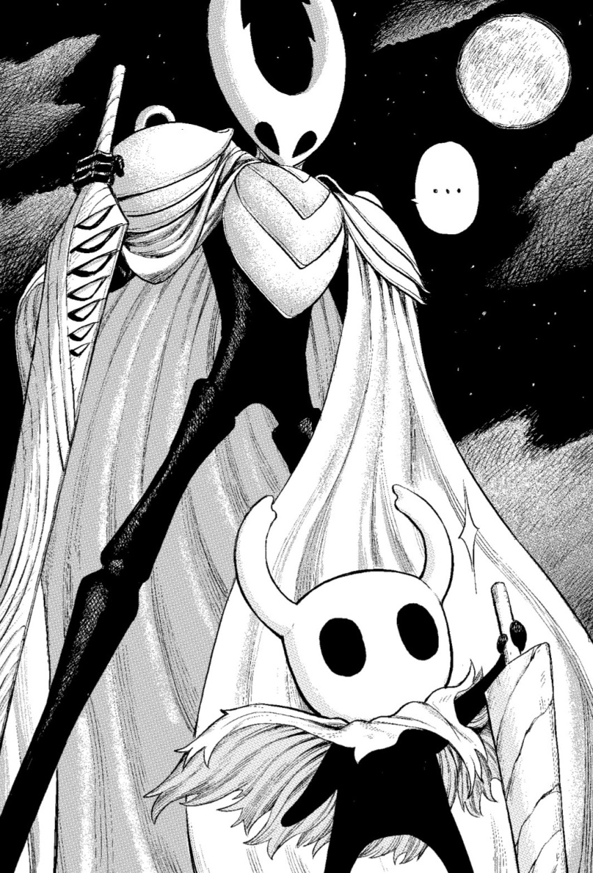 ... 2others bad_id bad_twitter_id cape floating_cape full_moon greyscale highres holding holding_sword holding_weapon hollow_eyes hollow_knight hollow_knight_(character) horns knight_(hollow_knight) making-of_available monochrome moon multiple_others nail_(hollow_knight) night night_sky old_nail_(hollow_knight) outdoors pure_nail_(hollow_knight) second-party_source sky spoken_ellipsis star_(sky) starry_sky sword torn_cape torn_clothes weapon y_naf