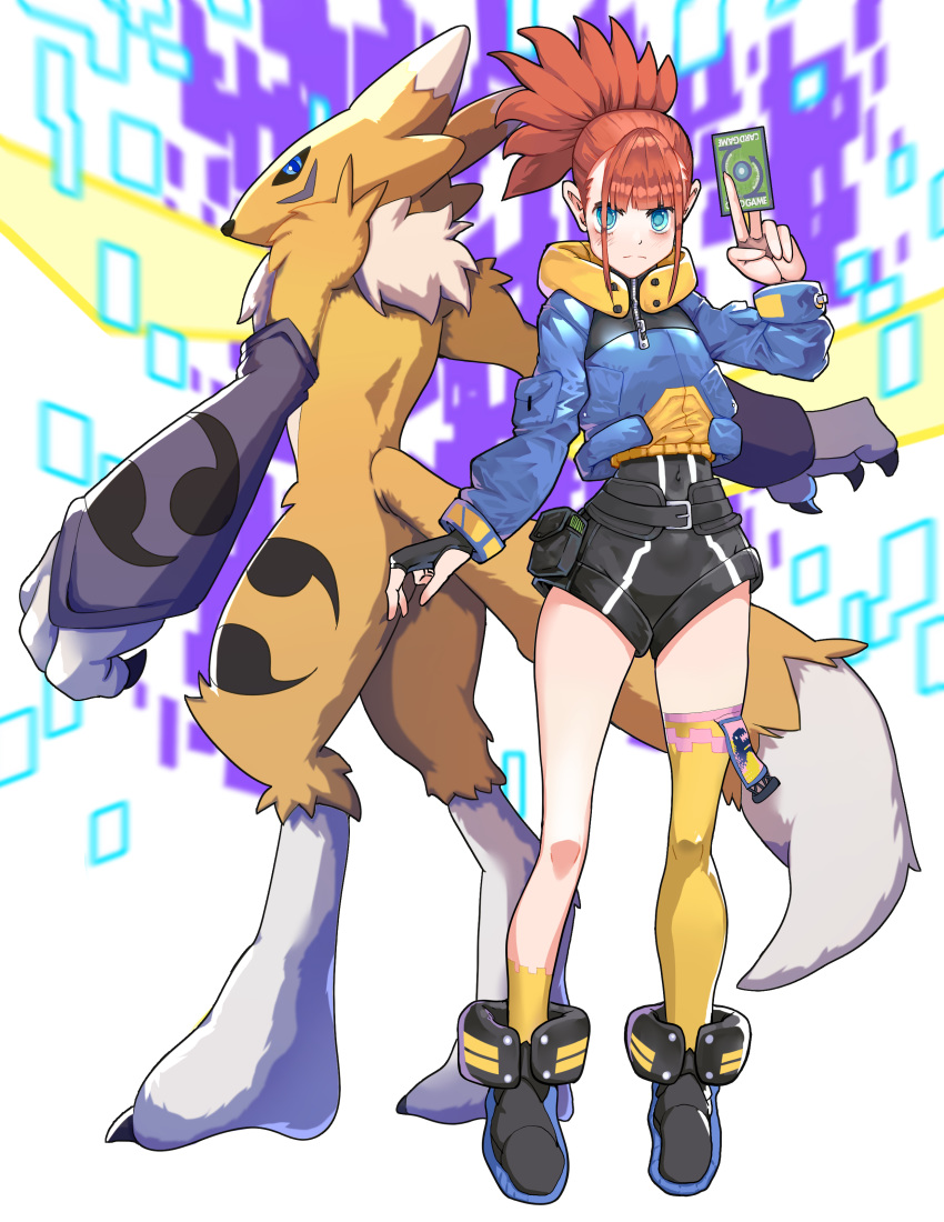 2girls absurdres alternate_costume asymmetrical_legwear black_footwear black_gloves black_leotard blue_eyes blue_jacket blush brown_hair card claws clip_studio_paint_(medium) closed_mouth commentary covered_navel currynoodle_art digimon digimon_(creature) digimon_tamers fingerless_gloves full_body furry furry_female gloves hand_up highres holding holding_card jacket leotard long_sleeves makino_ruki multiple_girls ponytail pouch renamon serious shoes single_glove single_sock single_thighhigh socks standing tail thighhighs uneven_legwear yellow_socks yellow_thighhighs zipper zipper_pull_tab