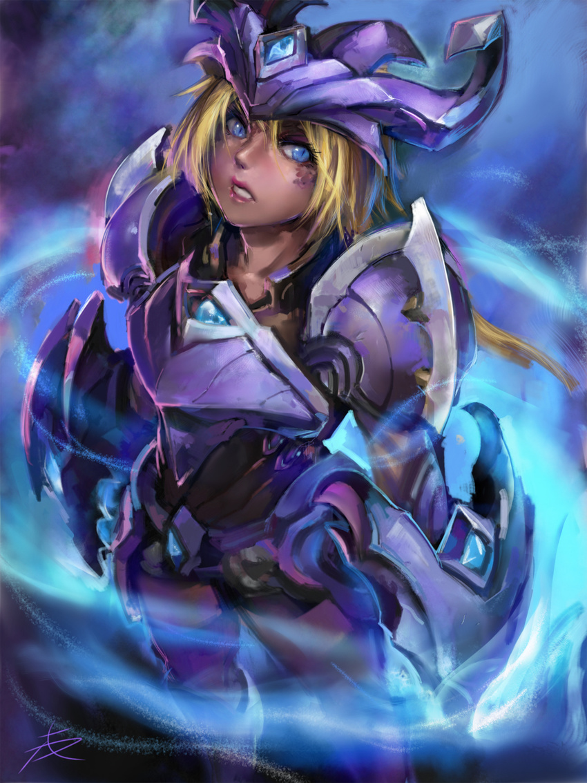 armor blonde_hair blue_eyes championship_shyvana collarbone commentary_request eyelashes female hair_between_eyes highres korean_commentary league_of_legends lipstick long_hair looking_away makeup parted_bangs parted_lips phantom_ix_row ponytail shyvana signature solo thighs