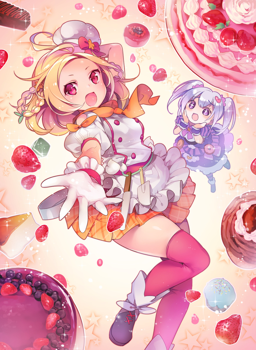 +_+ 2girls :d apron black_footwear blonde_hair blueberry bow cake cheesecake chef_hat commentary_request cupcake dress flower_knight_girl food food-themed_background fruit gloves grey_hair hands_on_own_face hat hat_bow highres iberis_(flower_knight_girl) looking_at_viewer mg_kurino multiple_girls open_mouth orange_scarf orange_skirt outstretched_hand plaid plaid_skirt pleated_skirt puffy_sleeves purple_dress purple_eyes red_bow red_eyes red_legwear scarf shoes short_hair skirt smile spatula star_(symbol) strawberry thighhighs twintails whipped_cream white_gloves yadorigi_(flower_knight_girl) zettai_ryouiki