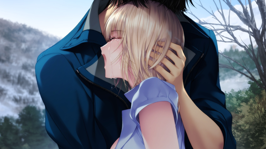 1boy black_hair blonde_hair blurry blurry_background branch breasts closed_eyes comforting crying day eyelashes female game_cg hand_in_own_hair hand_on_another's_head head_out_of_frame heads_together height_difference hug ichikawa_saasha jounoin_kaho neyuki_no_gen'ei open_mouth profile short_hair short_sleeves sky sleeves_pushed_up sobbing streaming_tears tears upper_body zipper