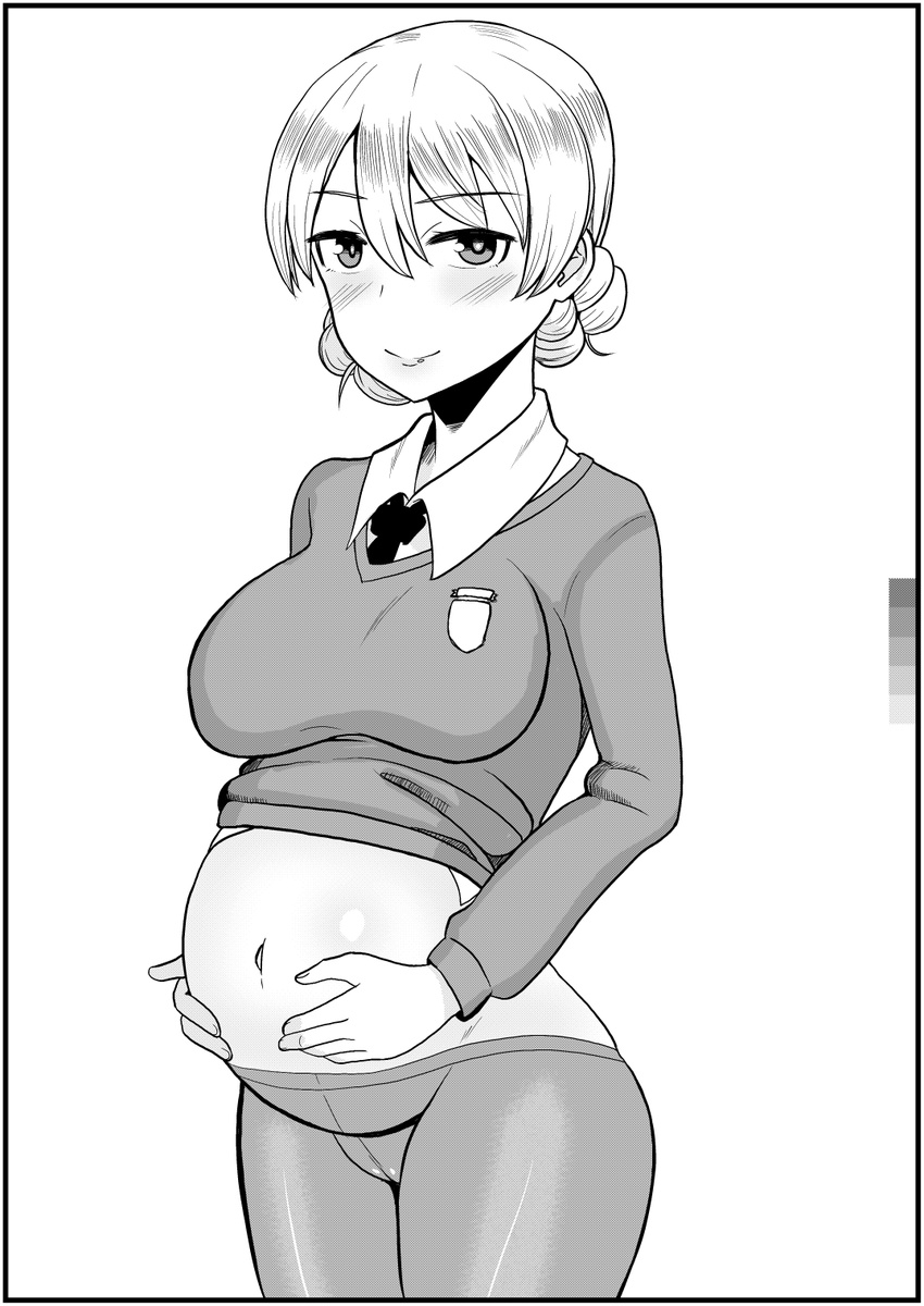 blush breasts commentary_request crotch_seam darjeeling_(girls_und_panzer) female girls_und_panzer greyscale highres k-dam large_breasts looking_at_viewer monochrome navel pantyhose pregnant school_uniform short_hair smile solo st._gloriana's_school_uniform sweater