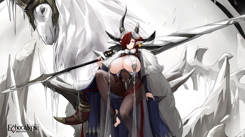 absurdres artist_request black_horns black_shrug breast_curtains breasts closed_mouth covered_navel echocalypse feet female fur_collar hair_over_one_eye highres holding holding_weapon horn_ornament horn_ring horns horse huge_breasts logo long_braid long_hair multiple_horns official_art pantyhose pointy_ears red_nails second-party_source shrug_(clothing) solo stirrup_legwear toeless_legwear vika_(echocalypse) weapon