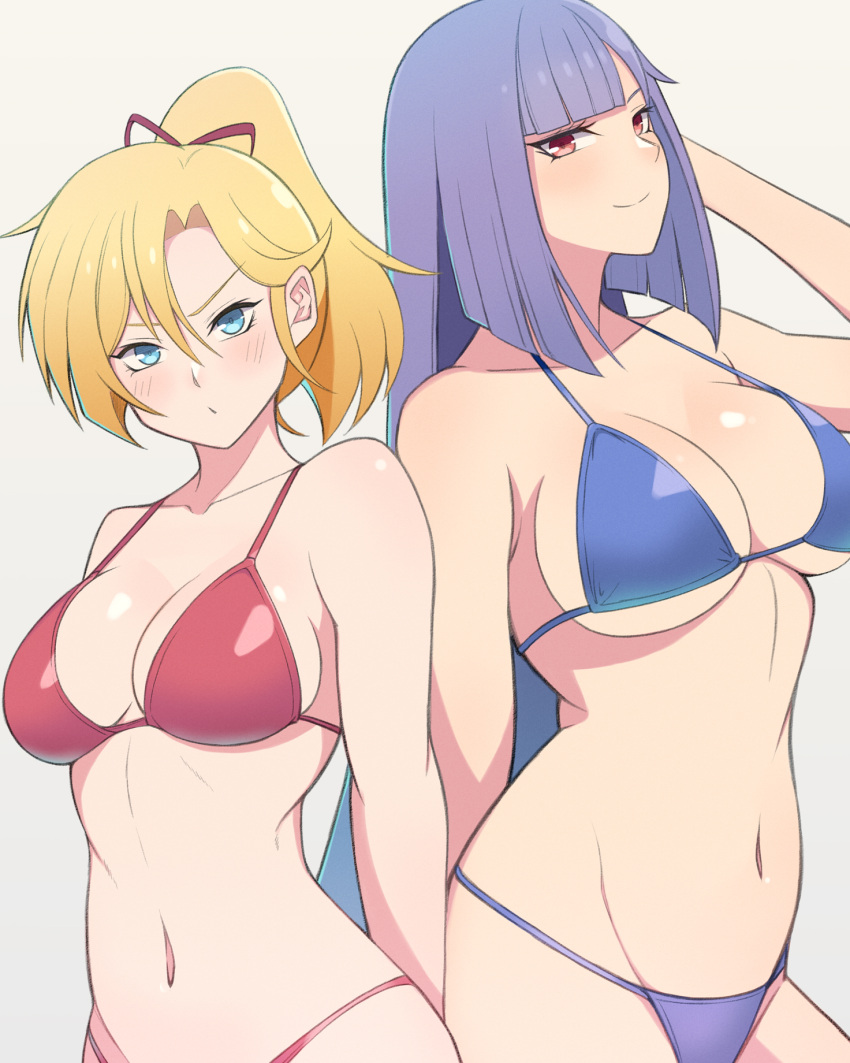 2girls blonde_hair blue_eyes blush breasts closed_mouth collarbone commentary elle_vianno eyelashes gundam gundam_zz hair_between_eyes hair_ribbon high_ponytail highres konishiki_(52siki) large_breasts looking_at_viewer medium_hair multiple_girls navel purple_hair red_eyes red_ribbon ribbon roux_louka smile v-shaped_eyebrows