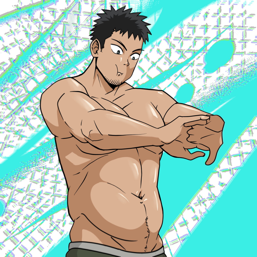 1boy bara belly black_hair commentary facial_hair goatee_stubble hibino_kafka highres kaijuu_no._8 looking_down male_focus mature_male muscular muscular_male navel pectorals plump rocckart short_hair solo spiked_hair stubble topless_male