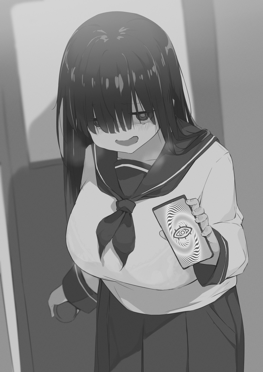 :o absurdres blush breasts greyscale hair_over_eyes hair_over_one_eye highres hypnosis hypnosis_app jimiko large_breasts long_bangs long_hair long_sleeves looking_at_viewer messy_hair mind_control monochrome neckerchief opening_door original painnico school_uniform serafuku skirt standing