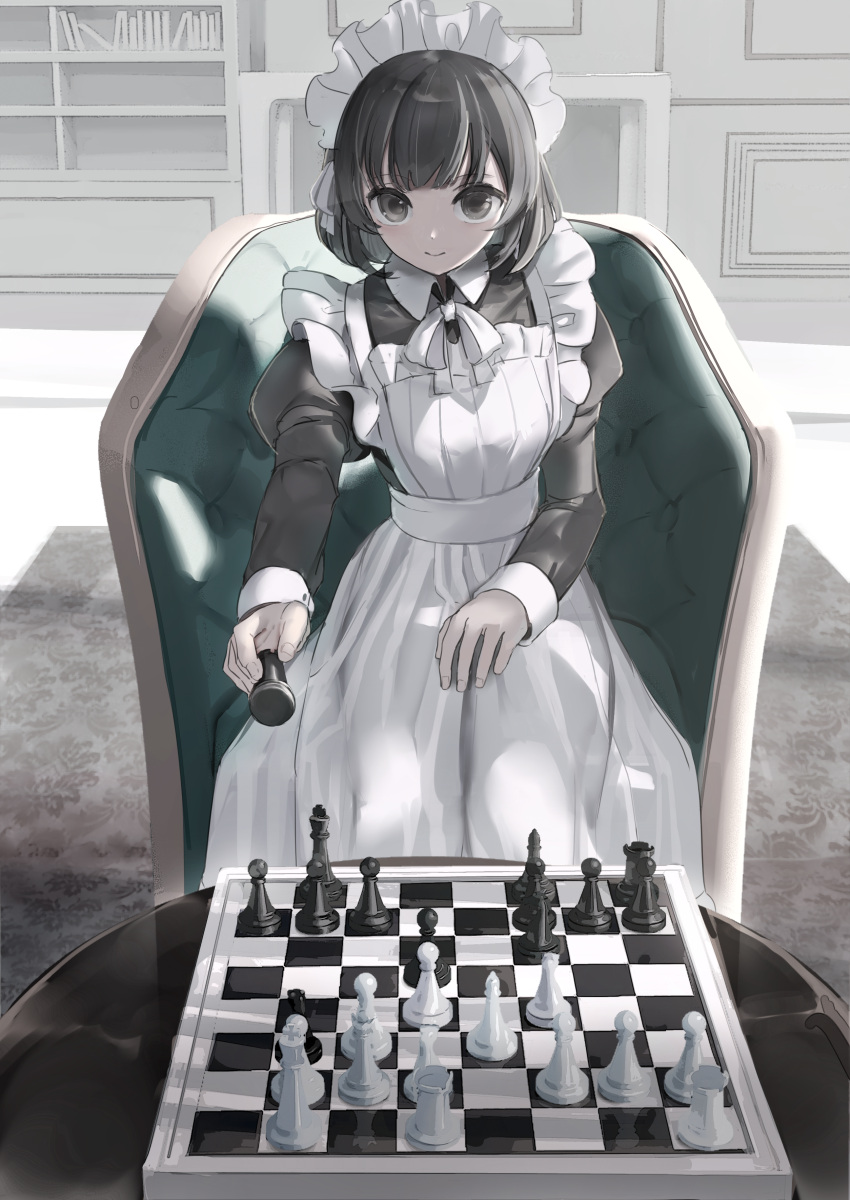 absurdres apron armchair black_dress black_hair board_game book bow chair checkmate chess chess_piece chessboard closed_mouth collared_dress commentary dress female frilled_apron frills grey_eyes highres holding holding_chess_piece indoors juliet_sleeves long_sleeves looking_at_viewer maid maid_apron maid_headdress on_chair original pov pov_across_table puffy_sleeves shii_(kairi-t-k0317) sitting sleeves_past_wrists smile solo table white_apron white_bow