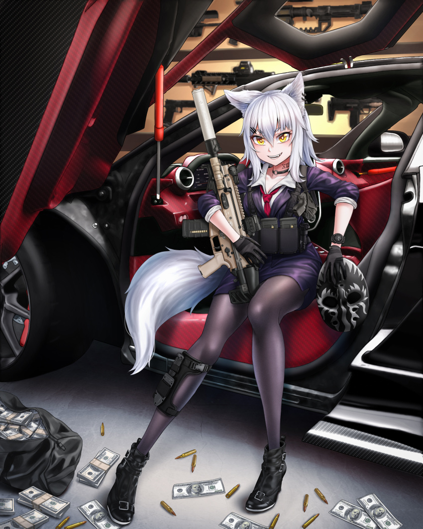 absurdres animal_ears ar-15 assault_rifle banknote benjamin_franklin black_gloves black_pantyhose black_skirt black_suit bolt_action bullet car car_interior cheytac_m200 collared_shirt dancing_wolf dollar_bill female flashlight fn_scar fn_scar_16 formal gloves gun h&k_mp7 hair_between_eyes hair_ornament hairclip handgun highres long_hair m1911 miniskirt money motor_vehicle necktie optical_sight original pantyhose red_necktie rifle shirt sitting skirt skirt_suit sniper_rifle solo submachine_gun suit suppressor tail watch weapon white_hair white_shirt wristwatch yellow_eyes