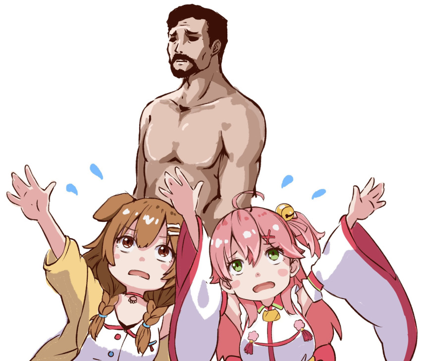 1boy 2girls a_way_out ahoge beard braid breasts brown_eyes brown_hair choker commentary_request completely_nude d: detached_sleeves facial_hair flying_sweatdrops green_eyes hair_ornament hairclip hands_up highres hololive inugami_korone inugami_korone_(1st_costume) jacket large_breasts long_sleeves multiple_girls nude open_clothes open_jacket open_mouth pink_hair red_choker sakura_miko sakura_miko_(1st_costume) shirt short_hair simple_background tmo-cat twin_braids vincent_moretti virtual_youtuber white_background white_shirt x_hair_ornament yellow_jacket