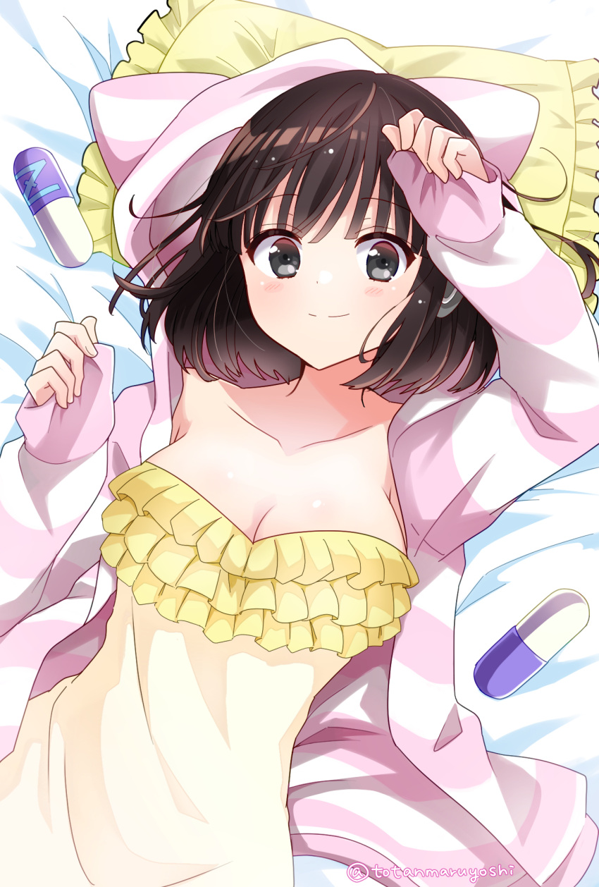 animal_hood black_eyes breasts brown_hair capsule cleavage collarbone enkichi_totan female hanabatake_moe highres hood hoodie hugging_object long_sleeves looking_at_viewer lying on_back on_bed open_clothes open_hoodie pillow pillow_hug solo station_memories twitter_username