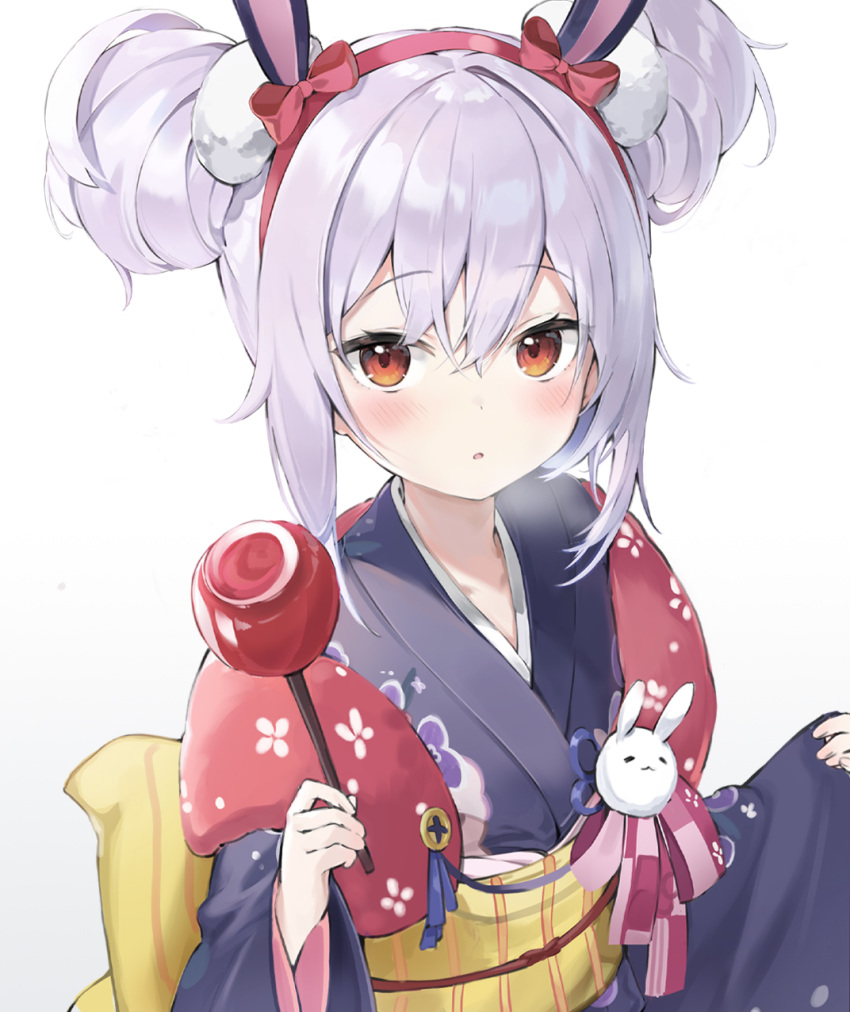 animal_ears azur_lane back_bow blue_kimono blush bow brown_eyes candy_apple commentary double_bun expressionless fake_animal_ears female food hair_between_eyes hair_bun hairband highres holding holding_food japanese_clothes kimono laffey_(azur_lane) laffey_(snow_rabbit_and_candy_apple)_(azur_lane) long_hair looking_at_viewer mint_(psmin30) obi official_alternate_costume official_alternate_hairstyle parted_lips red_bow red_hairband sash sidelocks simple_background solo symbol-only_commentary upper_body white_background white_hair wide_sleeves