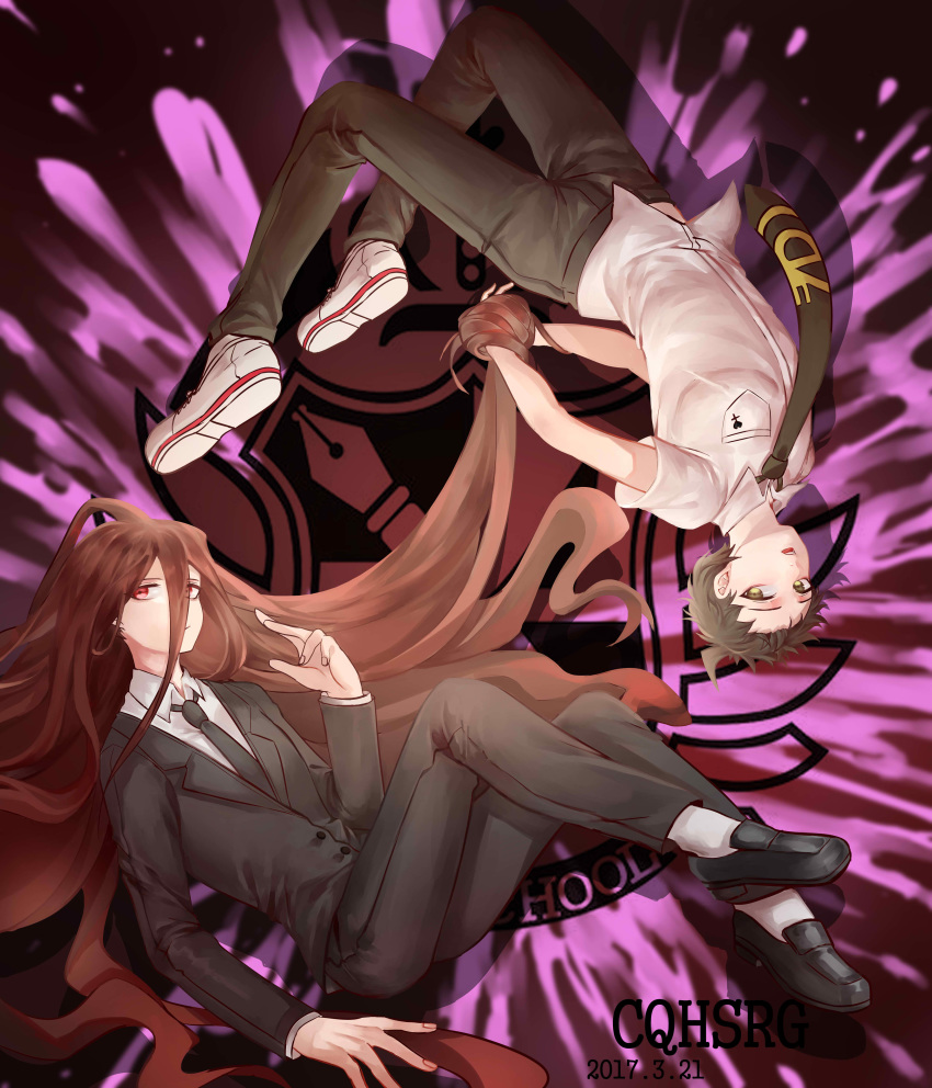 2boys absurdres ahoge bangs black_footwear black_jacket black_neckwear black_pants blood blood_splatter breast_pocket brown_hair brown_neckwear collared_shirt commentary_request danganronpa_(series) danganronpa_2:_goodbye_despair dated formal hand_up highres hinata_hajime jacket kamukura_izuru knees_up logo long_hair long_sleeves looking_at_viewer male_focus multiple_boys necktie pants pink_blood pocket red_eyes rotational_symmetry shirt shoes short_hair spoilers suit tuteurfars_shin upside-down very_long_hair white_footwear white_shirt