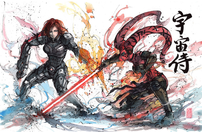 2girls alien colored_skin commander_shepard commander_shepard_(female) commentary commission crossover darth_talon energy_sword english_commentary fighting fire gun handgun holding holding_gun holding_weapon lightsaber m-77_paladin mass_effect_(series) mass_effect_3 multiple_girls mycks omni-blade painting_(medium) red_hair red_skin science_fiction sith star_wars star_wars:_legacy sword tentacle_hair traditional_media twi'lek watercolor_(medium) weapon wrist_blades