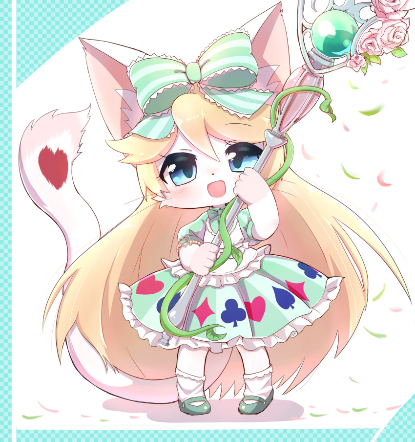 :d alice_(cat_busters) animal_ears blonde_hair blue_eyes body_fur bow cat_busters cat_ears cat_girl cat_tail commentary_request female full_body furry furry_female green_bow hairbow highres holding holding_staff long_hair long_tail looking_at_viewer open_mouth smile socks solo staff standing striped striped_bow syuya tail whiskers white_fur