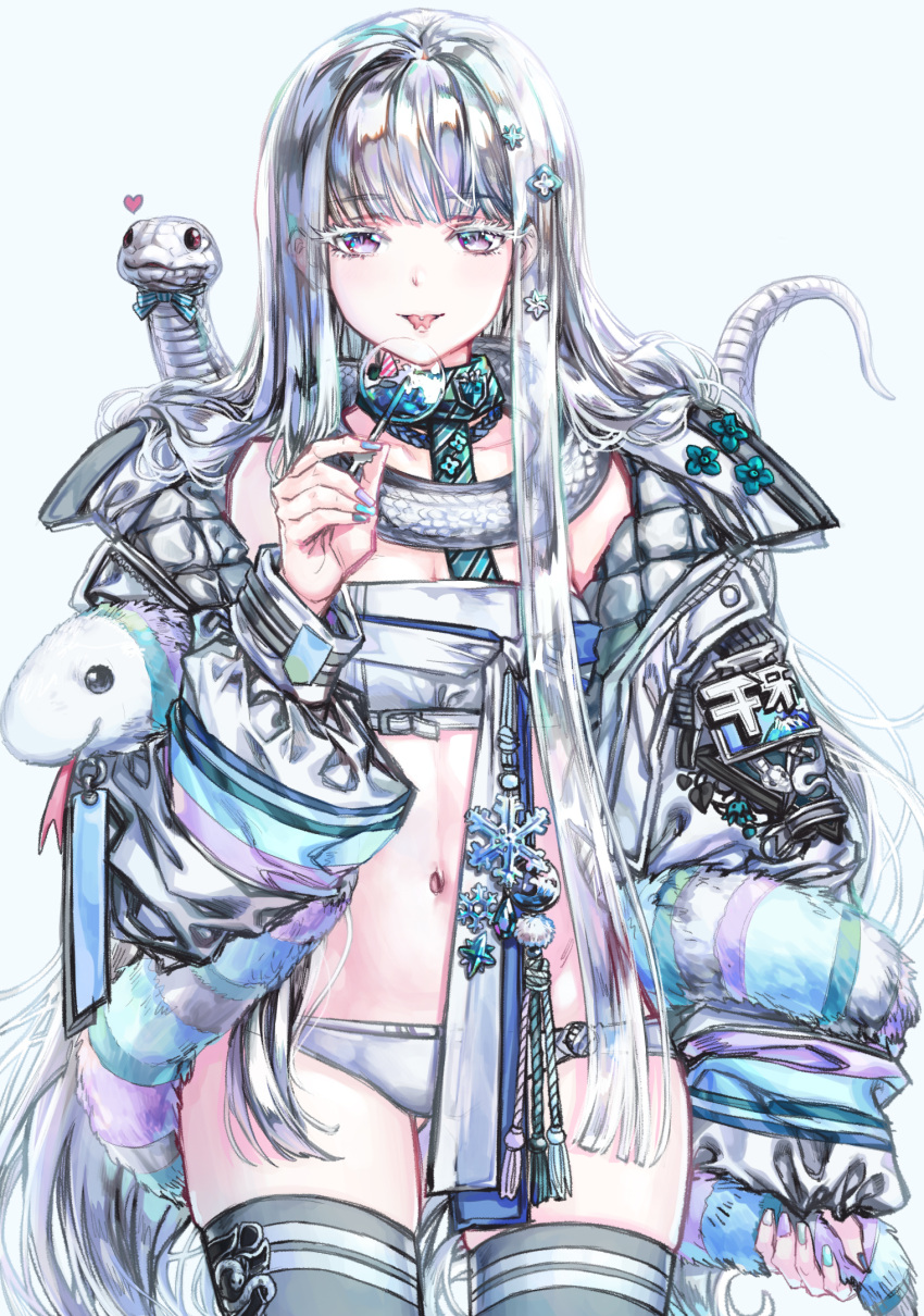 bad_id bad_pixiv_id black_thighhighs blue_bow bow candy cheona_(last_origin) collarbone female food forked_tongue greatwhite1122 green_scarf grey_hair grey_jacket grey_panties grey_tube_top hair_behind_ear heart highres holding holding_candy holding_food holding_lollipop jacket last_origin lollipop midriff navel off_shoulder panties piercing purple_eyes scarf snake solo strapless thighhighs tongue tongue_out tongue_piercing tube_top underwear