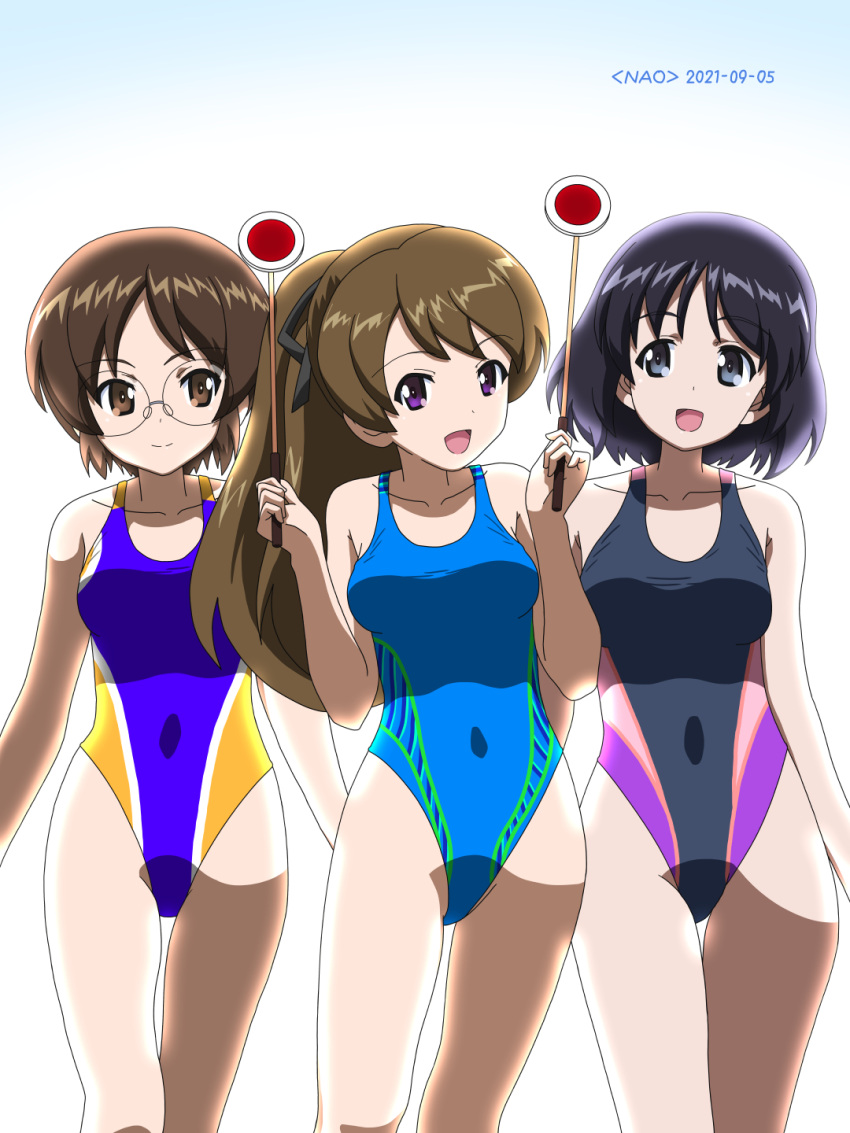 3girls artist_name black_hair blue_eyes blush breasts brown_eyes brown_hair closed_mouth collarbone competition_swimsuit covered_navel dated girls_und_panzer glasses groin hair_ornament hair_ribbon highres inatomi_hibiki long_hair looking_at_viewer multiple_girls naotosi one-piece_swimsuit open_mouth ponytail purple_eyes ribbon round_eyewear sasagawa_kanon short_hair small_breasts smile swimsuit takashima_remi thighs