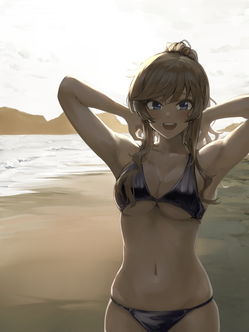 absurdres armpits arms_behind_head arms_up bad_id bad_twitter_id beach bikini black_bikini blonde_hair blue_eyes breasts collarbone female high_ponytail highres idolmaster idolmaster_cinderella_girls lamp_p9 large_breasts looking_at_viewer navel ocean ohtsuki_yui open_mouth outdoors sand sky smile solo swept_bangs swimsuit water