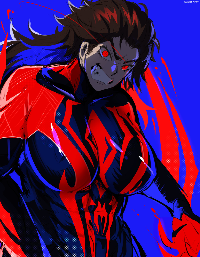 abs absurdres angry blue_hair bodysuit breasts brown_hair clenched_teeth colored_inner_hair commentary female genderswap_(mtf) highres huge_breasts impossible_bodysuit impossible_clothes kurenaiz_(kuayrenaiz) marvel miguel_o'hara multicolored_hair red_eyes rule_63 solo spider-man:_across_the_spider-verse spider-man_(2099) spider-man_(series) spider-verse teeth twitter_username two-tone_hair upper_body v-shaped_eyebrows