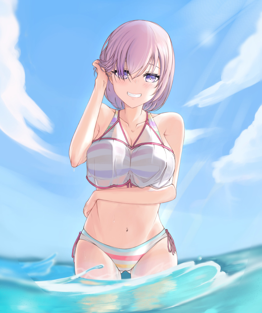 ass_visible_through_thighs bare_arms bare_shoulders bikini blue_sky blush breasts cleavage collarbone day fate/grand_order fate_(series) female grin hair_over_one_eye highres large_breasts layered_bikini light_purple_hair looking_at_viewer maru039 mash_kyrielight mash_kyrielight_(swimsuit_of_perpetual_summer_ver.02) multicolored_bikini multicolored_clothes ocean official_alternate_costume outdoors purple_eyes purple_hair see-through short_hair side-tie_bikini_bottom sky smile solo striped_bikini striped_clothes swimsuit wading