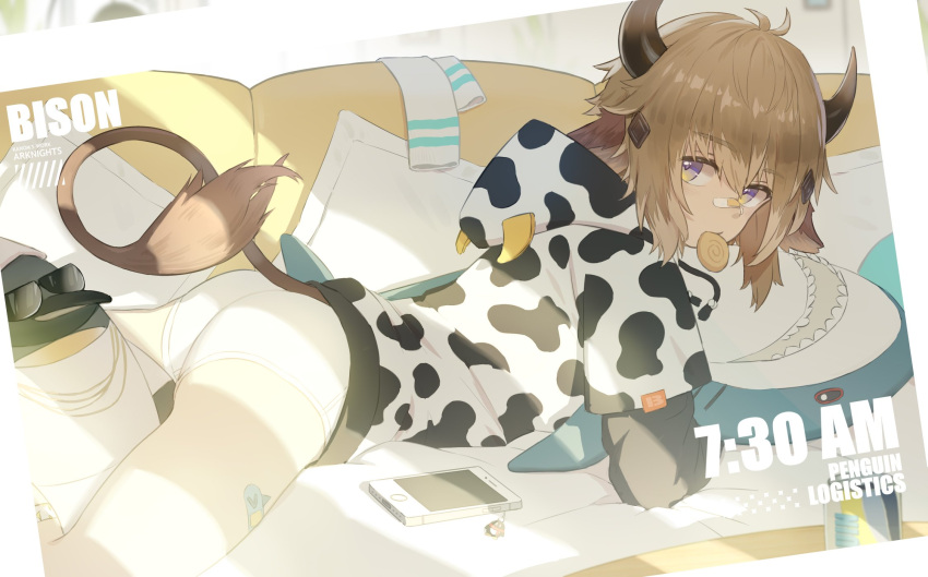 1boy animal_ears animal_print arknights ass bad_id bad_twitter_id bird bison_(arknights) briefs brown_eyes brown_hair cellphone cow_boy cow_ears cow_hood cow_horns cow_print cow_tail emperor_(arknights) emperor_penguin from_behind highres horns inactive_account looking_at_viewer looking_back luye_yuan male_focus male_underwear penguin penguin_logistics_(arknights) phone tail underwear