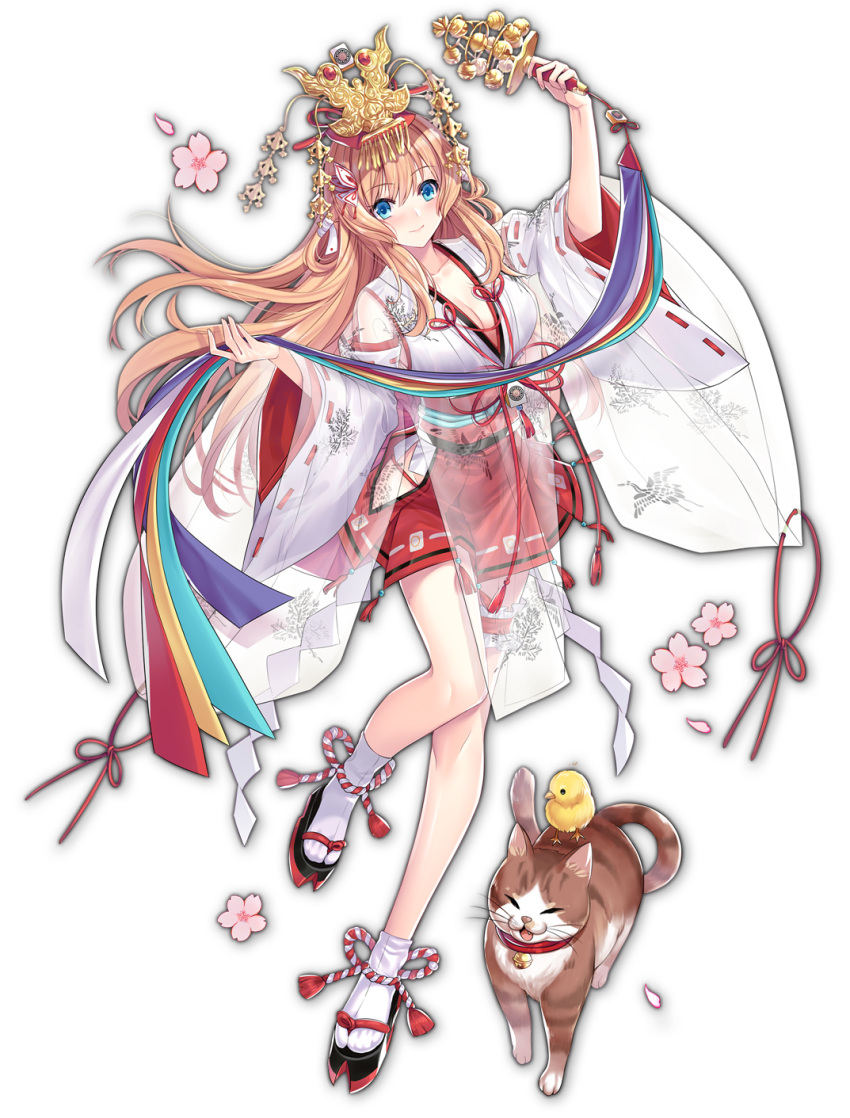 aihara_mai artist_request bell bird blonde_hair blue_eyes cherry_blossoms chick clothing_cutout collar feline female game_cg hair_ornament highres holding japanese_clothes mahjong mahjong_soul mahjong_tile miko neck_bell official_art petals red_collar see-through side_cutout simple_background solo standing standing_on_one_leg tabi tachi-e third-party_source transparent_background