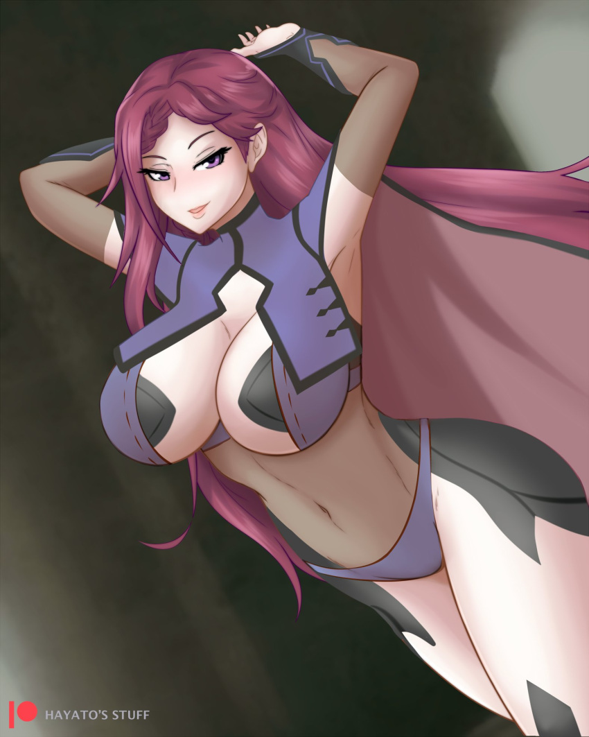 alternate_costume arms_up bodystocking breasts cape cleavage collar cosplay covered_navel dark_background dark_mage_(fire_emblem_fates) female fire_emblem fire_emblem_heroes gloves hayato_stuff highres large_breasts loki_(fire_emblem) long_hair looking_at_viewer open_mouth panties purple_eyes purple_hair purple_panties smile solo thighhighs underwear very_long_hair