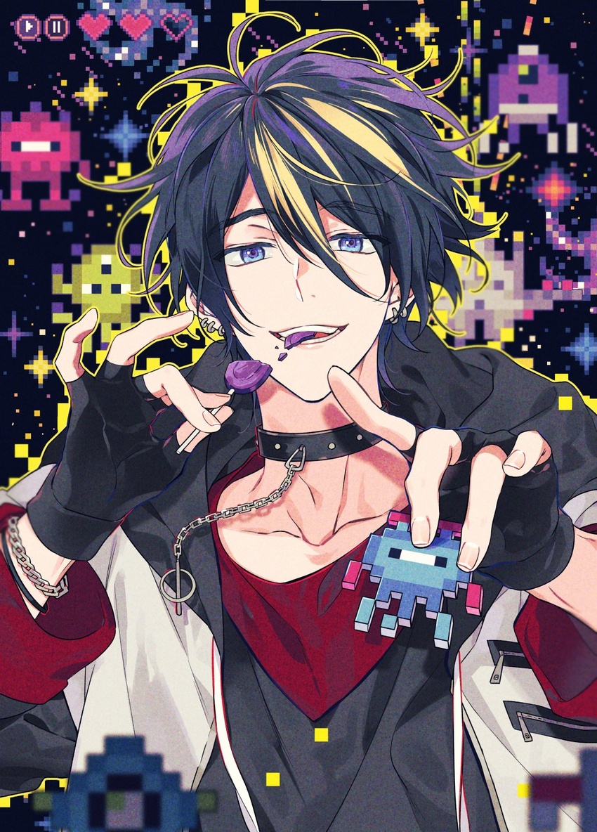 175x172nyrn 1boy akebono_ryo bad_id bad_twitter_id bishounen black_hair blonde_hair blue_eyes candy chains choker commentary fingerless_gloves food from_argonavis gloves highres lollipop male_focus md5_mismatch multicolored_hair outline pixelated smile solo streaked_hair symbol-only_commentary yellow_outline