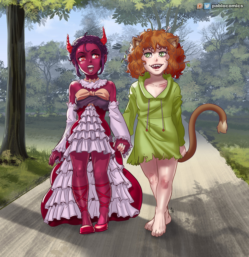 animal_humanoid breasts brown_hair cat_humanoid clothed clothing demon dipstick_tail duo felid felid_humanoid feline feline_humanoid female hair hi_res humanoid mammal mammal_humanoid markings multicolored_tail open_mouth pablocomics red_body red_eyes red_skin tail tail_markings