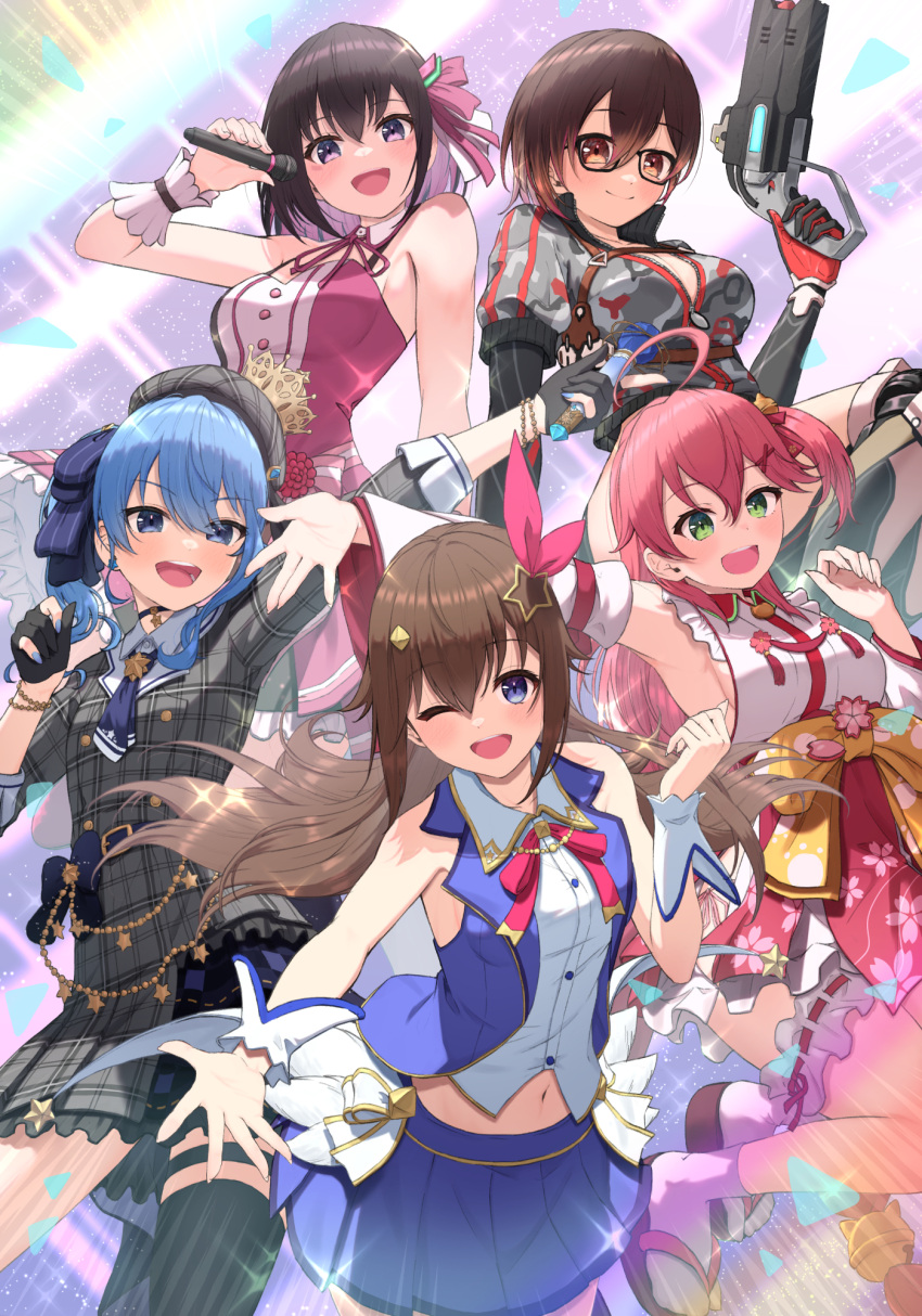 0th_generation_(hololive) 5girls :d ;d arm_up armpits azki_(3rd_costume)_(hololive) azki_(hololive) bare_arms bare_shoulders black_gloves blue_eyes blue_hair blue_neckerchief blue_skirt blush bowsan breasts brown_eyes brown_hair cleavage closed_mouth commentary_request crop_top frilled_shirt frills glasses gloves green_eyes gun hair_between_eyes hair_ornament highres holding holding_gun holding_microphone holding_weapon hololive hoshimachi_suisei hoshimachi_suisei_(1st_costume) jacket looking_at_viewer medium_breasts microphone multiple_girls navel neckerchief one_eye_closed open_mouth outstretched_hand partially_fingerless_gloves pink_eyes plaid_headwear pleated_skirt ponytail purple_jacket roboco-san roboco-san_(1st_costume) sakura_miko sakura_miko_(1st_costume) shirt sideboob sidelocks skirt sleeveless sleeveless_jacket sleeveless_shirt smile star_(symbol) star_hair_ornament tokino_sora tokino_sora_(1st_costume) virtual_youtuber weapon white_shirt wrist_cuffs