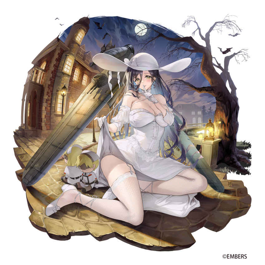 ash_arms bare_tree bat_(animal) black_hair breasts castle cleavage clothes_lift come_hither commander_(ash_arms) copyright_notice dress european_architecture female g8n_renzan_(ash_arms) hat highres large_breasts legs long_hair looking_at_viewer mechanical_wings moon night official_art on_floor outdoors sage_joh skirt skirt_lift smile solo stuffed_toy sun_hat tree turret very_long_hair white_dress white_hat wings yellow_eyes