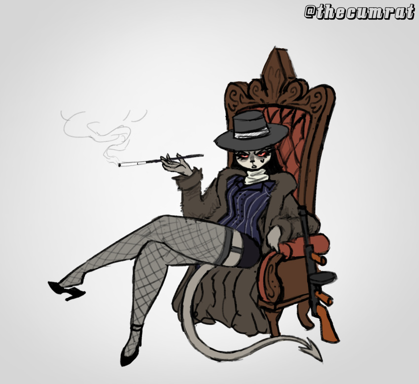 alternative_fashion angry anthro boss chair cigarette cigarette_holder clothing criminal demon dominant dominant_female felid female fishnet_clothing footwear fur fur_coat furniture gangster goth grey_body grey_fur gun hat headgear headwear heelpop hi_res high_heels loose_footwear mafia makeup mammal multicolored_body multicolored_fur pointed_tail ranged_weapon red_eyes shoe_dangle simple_background solo spade_tail submachine_gun suit tail thecumrat thick_thighs thompson_gun throne two_tone_body two_tone_fur weapon white_body white_fur