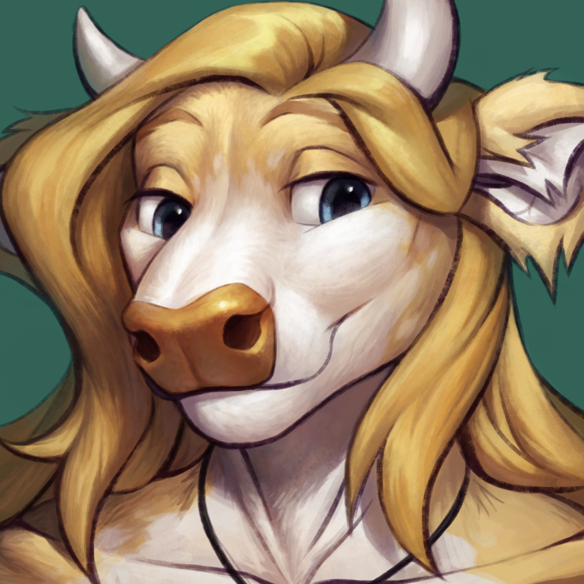 1:1 ambiguous_gender anthro blonde_hair bovid bovine brown_body brown_fur brown_nose bust_portrait cattle eracin female_(lore) fur green_background hair hi_res horn jewelry jinash_(character) long_hair looking_sideways mammal necklace portrait simple_background smile solo