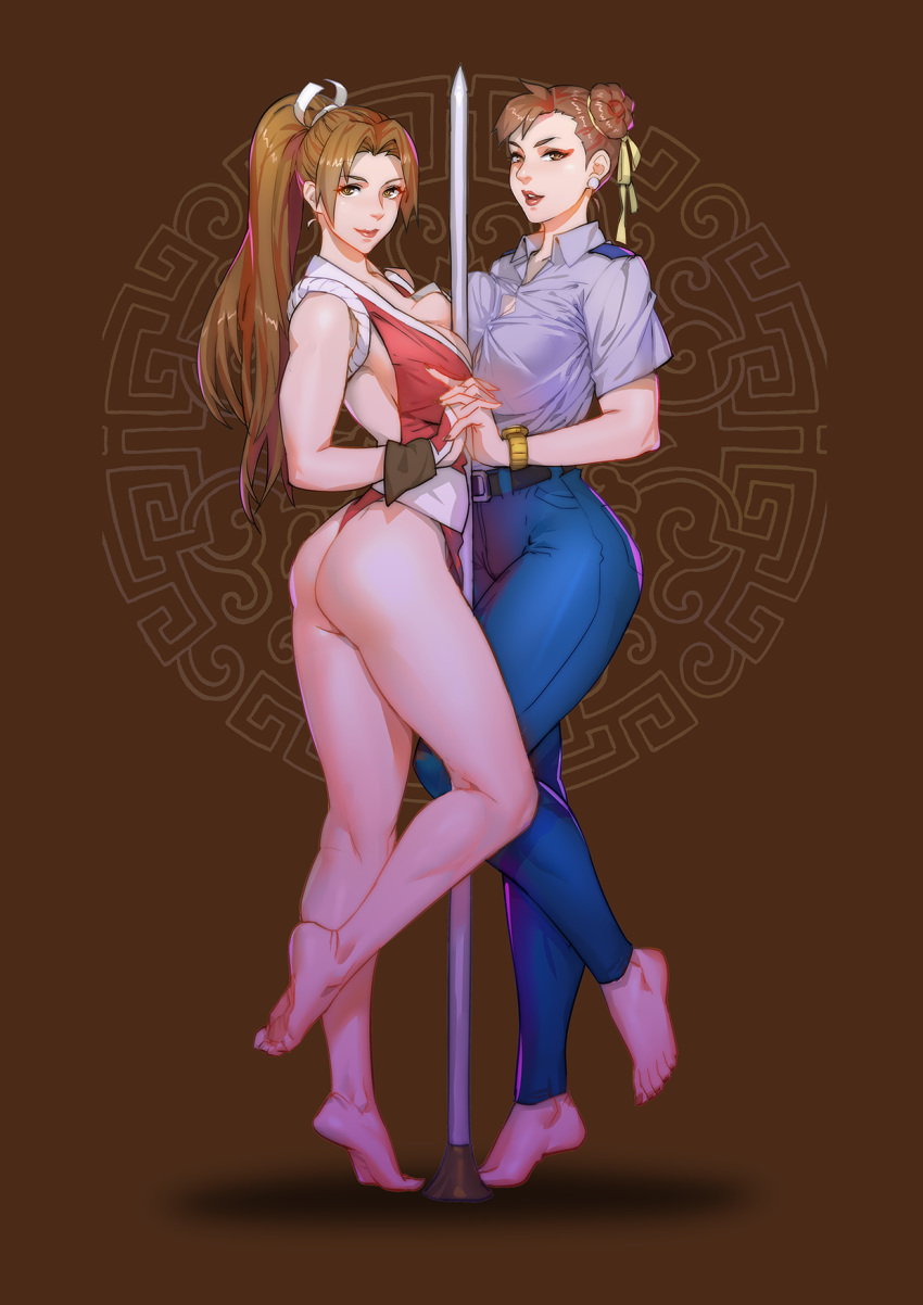 2girls alternate_costume ass bad_id bad_pixiv_id barefoot breast_press breasts chun-li chunlieater cleavage crossover double_bun fatal_fury feet full_body hair_bun hair_ribbon highres interlocked_fingers kneepits large_breasts legs long_legs looking_at_viewer multiple_girls ninja pants pole police police_uniform policewoman ponytail revealing_clothes ribbon shiranui_mai short_hair soles standing standing_on_one_leg street_fighter street_fighter_v symmetrical_docking the_king_of_fighters thick_thighs thighs toes uniform watch wristwatch