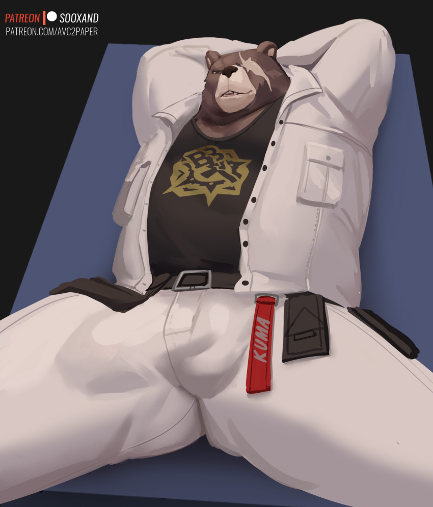 2022 anthro artist_name balls_outline bear belt ben_bigger black_clothing black_shirt black_topwear bottomwear brown_bear bulge clothed clothing detailed_bulge emblem english_text eye_scar facial_scar genital_outline grizzly_bear hands_behind_head hi_res lying male mammal mihoyo on_back pants patreon patreon_logo penis_outline scar shirt slightly_chubby solo sooxand suggestive_pose text topwear url ursine white_bottomwear white_clothing white_pants white_topwear zenless_zone_zero