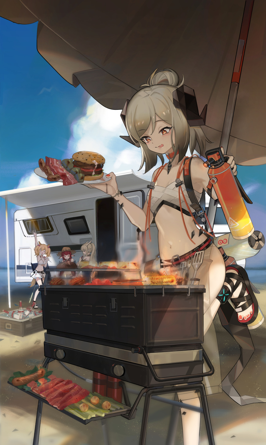 4girls :p absurdres arknights arm_up bare_shoulders beach_umbrella bikini bikini_skirt blonde_hair blue_sky breasts burger choker cloud commentary day feet_out_of_frame food grey_hair grill half_updo hand_up highres holding holding_plate horns ifrit_(arknights) ifrit_(sunburn)_(arknights) minamayumi miniskirt multiple_girls nail_polish navel official_alternate_costume orange_choker orange_eyes outdoors plate pointy_ears red_hair red_nails sandals shining_(arknights) shining_(silent_night)_(arknights) short_hair skirt sky small_breasts sora_(arknights) sora_(summer_flowers)_(arknights) standing standing_on_one_leg stomach swimsuit toenail_polish toenails tongue tongue_out twintails umbrella vigna_(arknights) vigna_(casual_vacation)_(arknights) white_bikini white_skirt