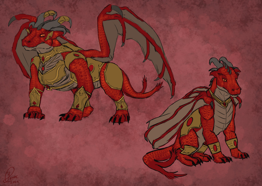 absurd_res armor concept_art digitigrade dragon duo female feral gold_(metal) gold_armor hi_res male membrane_(anatomy) membranous_wings mythological_creature mythological_scalie mythology quadruped red_body red_scales rolap_(uncrom) ruby_gem ryse_(uncrom) scales scalie secrets_of_uncrom tail uncrom visha wings yenocwolf