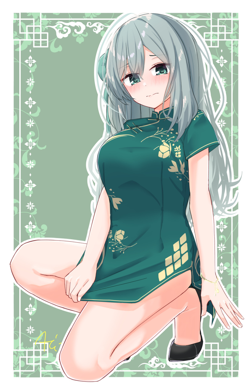 3: ahoge alternate_costume alternate_hairstyle aqua_eyes aqua_hair arm_at_side blush border bracelet breasts china_dress chinese_clothes closed_mouth commentary_request covering_crotch covering_privates dress dress_tug embarrassed eyelashes eyes_visible_through_hair female floral_print full_body green_background green_dress hair_between_eyes hair_bun highres jewelry kneeling large_breasts long_hair looking_at_viewer nose_blush riddle_joker shikibe_mayu short_dress short_sleeves silver116 simple_background single_side_bun solo split_mouth wavy_hair white_border