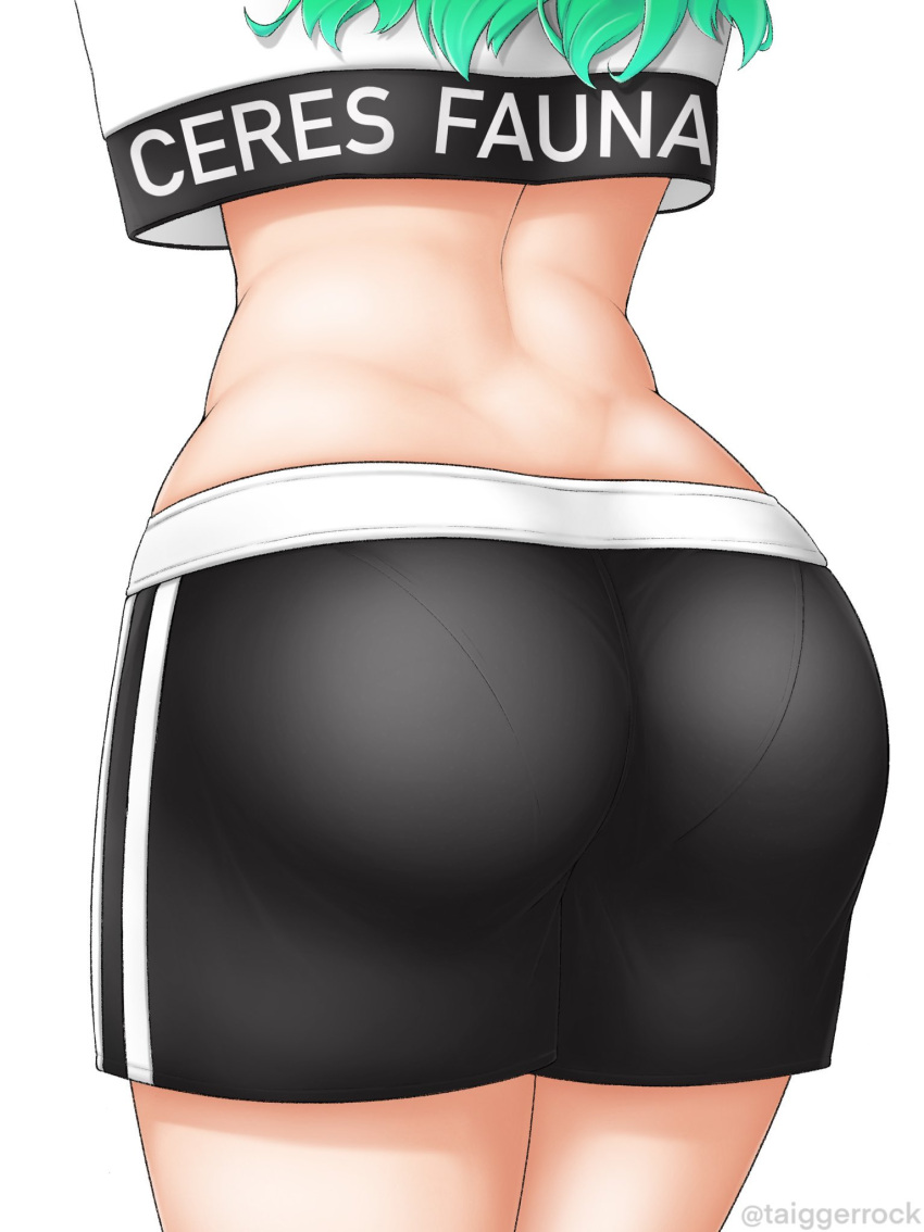 alternate_costume ass ass_focus black_shorts ceres_fauna character_name close-up clothes_writing coco_(taiggerrock) crop_top female from_behind green_hair highres hololive hololive_dance_practice_uniform hololive_english long_hair shirt shorts solo virtual_youtuber white_background